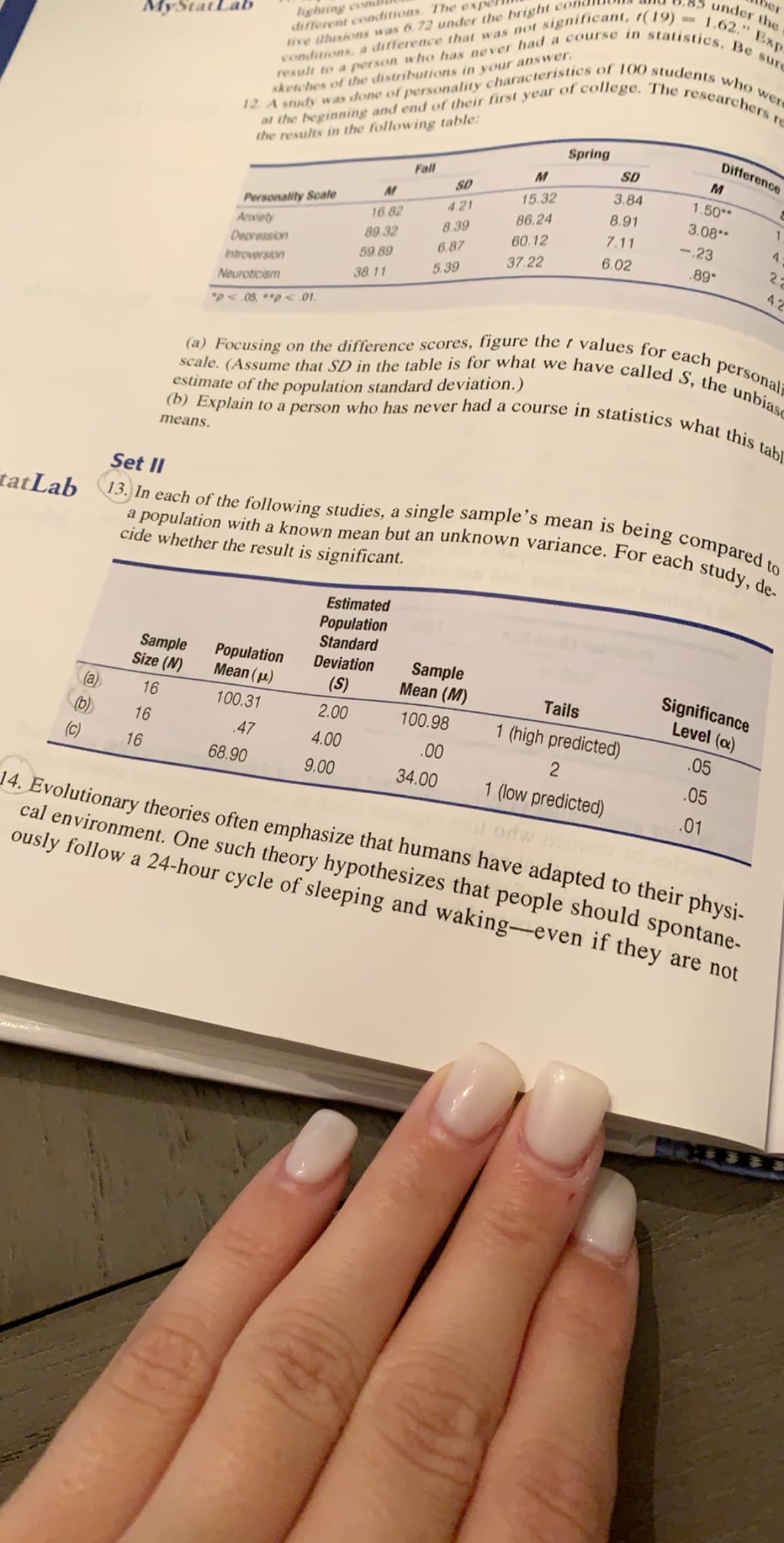 ber
under the
ighting con.
different conditions The expe
tive illusions was 6.72 under the bright co
MyStatLab
conditions, a difference that was not significant, r(19)-1.62." Exp
result to a person who has never had a course in statistics. Be sur
researchers re
The
'college
at the beginning and end of their first year of
the results in the following table
12 A study was done of personality characteristics of 100 students who were
sketches of the distributions in your answer
Difference
Spring
SD
M
Fall
3.84
SD
1.50*
15.32
Personality Scale
Anxiety
Depression
4.21
8.91
3.08
1
86.24
16.82
8.39
7.11
-23
60.12
89 32
6.87
6.02
22
89*
37.22
59 89
5.39
4.2
Introversion
38.11
Neuroticism
DA 05,p<.01
(a) Focusing on the difference scores, figure the t values for each personal
scale. (Assume that SD in the table is for what we have called S, the unbiase
(b) Explain to a person who has never had a course in statistics what this tabl
estimate of the population standard deviation.)
means
Set II
13. In each of the following studies, a single sample's mean is being compared to
a population with a known mean but an unknown variance. For each study, de-
tatLab
cide whether the result is significant.
Estimated
Population
Standard
Sample
Size (N)
Population
Mean (u)
Sample
Mean (M)
Deviation
Significance
Level (a)
(S)
Tails
(a)
16
100.31
2.00
100.98
1 (high predicted)
(b)
16
05
.47
4.00
.00
2
16
68.90
.05
9.00
34.00
1 (low predicted)
.01
14. Evolutionary theories often emphasize that humans have adapted to their physi
cal environment. One such theory hypothesizes that people should spontane-
ously follow a 24-hour cycle of sleeping and waking-even if they are not
99
