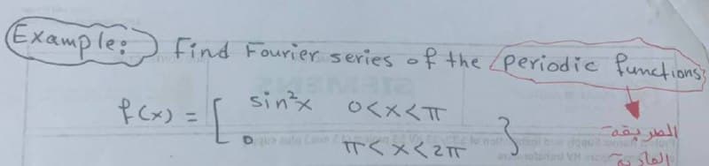 Example:
Find Fourier series of the Lperiodic functions
f Cx) =
sinx
○く×くT
%3D
الصربقه
Duta (n
2 lo nol
TTくメく2T
