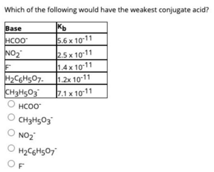 Which of the following would have the weakest conjugate acid?
|Kb
5.6 x 10-11
Base
HCOO
2.5 x 10 11
1.4x 10-11
1.2x 10-11
7.1 x 10-11
NO2
F
H2C6H507.
CH3H5O3
HCOO
O CH3H5O3
O NO2
O
H2C6H507
OF
