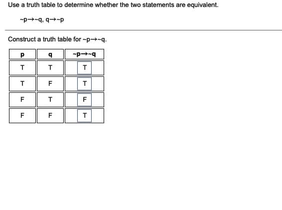 Use a truth table to determine whether the two statements are equivalent.
-p→-q, q→-p
Construct a truth table for -p→~q.
T
T
F
T.
F
F
T.
P.
