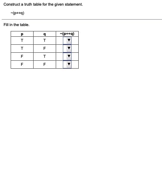 Construct a truth table for the given statement.
-(p+q)
Fill in the table.
-(p>q)
T
F
F
F
