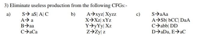 3) Eliminate useless production from the following CFGS:-
s> aS| A| C
A- a
B>aa
A>xyz| Xyzz
X→XZ| xYz
YyYy| Xz
Z→Zy| z
a)
b)
c)
s>aAa
A→Sb| bCC| DaA
C>abb| DD
D>aDa, E>aC
C>aCa
