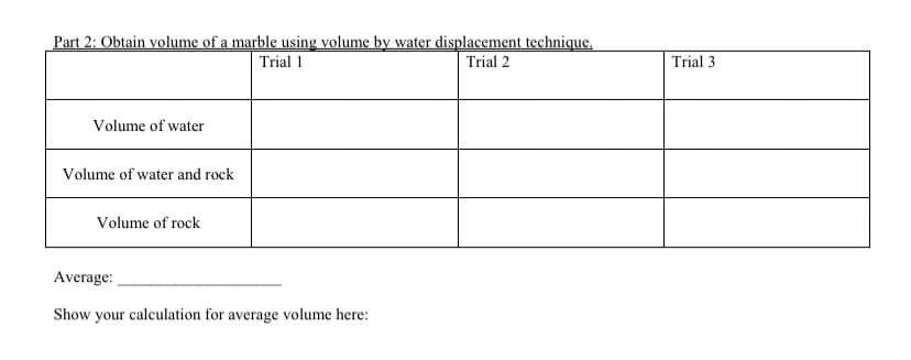 Part 2: Obtain volume of a marble using volume by water displacement technique.
Trial 1
Trial 2
Trial 3
Volume of water
Volume of water and rock
Volume of rock
Average:
Show your calculation for average volume here:

