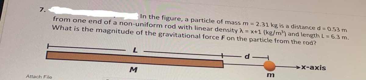 7.
from one end of a non-uniform rod with linear density1 = x+1 (kg/m³) and length L = 6.3 m.
What is the magnitude of the gravitational force F on the particle from the rod?
In the figure, a particle of mass m = 2.31 kg is a distanced = 0.53 m
x-axis
Attach File
