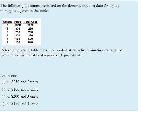The following questions are based on the demand and cost data for a pure
monopolist given in the table
IT
Output Price Total Cost
$500
$250
1
300
260
2
250
290
3
200
350
4
150
500
5
100
680
Refer to the above table for a monopolist. A non-discriminating monopolist
would maximize profits at a price and quantity of:
Select one:
O a. S250 and 2 units
O b. S100 and 5 units
O c. S200 and 3 units
O d. S150 and 4 units
