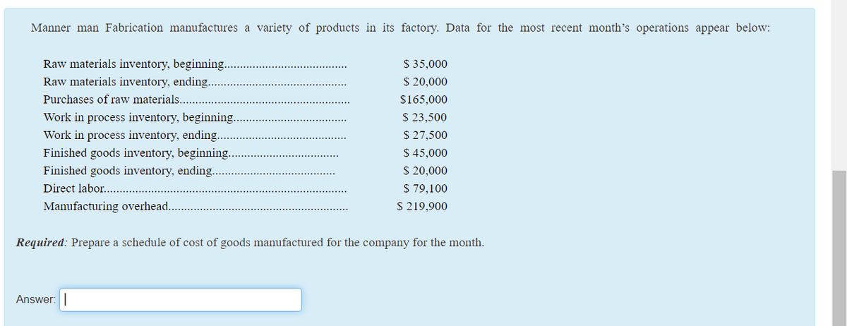 Manner man Fabrication manufactures a variety of products in its factory. Data for the most recent month's operations appear below:
Raw materials inventory, beginning.
$ 35,000
$ 20,000
Raw materials inventory, ending.
Purchases of raw materials..
$165,000
Work in process inventory, beginning.
S 23,500
$ 27,500
$ 45,000
S 20,000
$ 79,100
$ 219,900
Work in process inventory, ending.
Finished goods inventory, beginning.
Finished goods inventory, ending...
Direct labor....
Manufacturing overhead..
Required: Prepare a schedule of cost of goods manufactured for the company for the month.
Answer:
