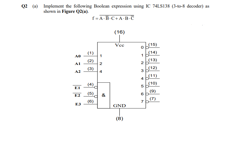 Q2 (a) Implement the following Boolean expression using IC 74LS138 (3-to-8 decoder) as
shown in Figure Q2(a).
f = A·B.C+ A · B.T
(16)
Vcc
(15)
(1)
1
(14)
A0
(2)
(13)
A1
(3)
4
(12)
A2
4 6(11)
(10)
(4)
E1
(5)
(9)
E2
&
(7)
(6)
E3
GND
(8)
