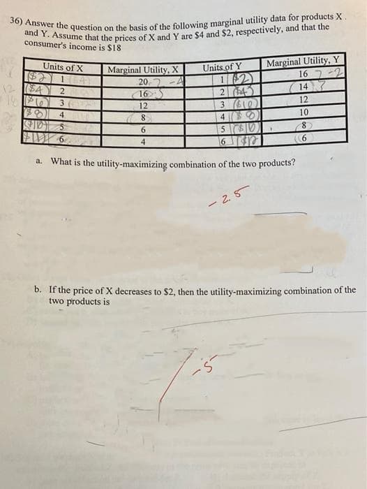 and Y. Assume that the prices of X and Y are $4 and $2, respectively, and that the
36) Answer the question on the basis of the following marginal utility data for products X.
consumer's income is $18
Marginal Utility, Y
16
Units of X
Marginal Utility, X
Units of Y
1
20.
1
2 43
3 (610
12 34
147
16
12
12
4
SID S
F 6.
8
10
6.
5 60
8)
4
(6
a. What is the utility-maximizing combination of the two products?
- 2.5
b. If the price of X decreases to $2, then the utility-maximizing combination of the
two products is
