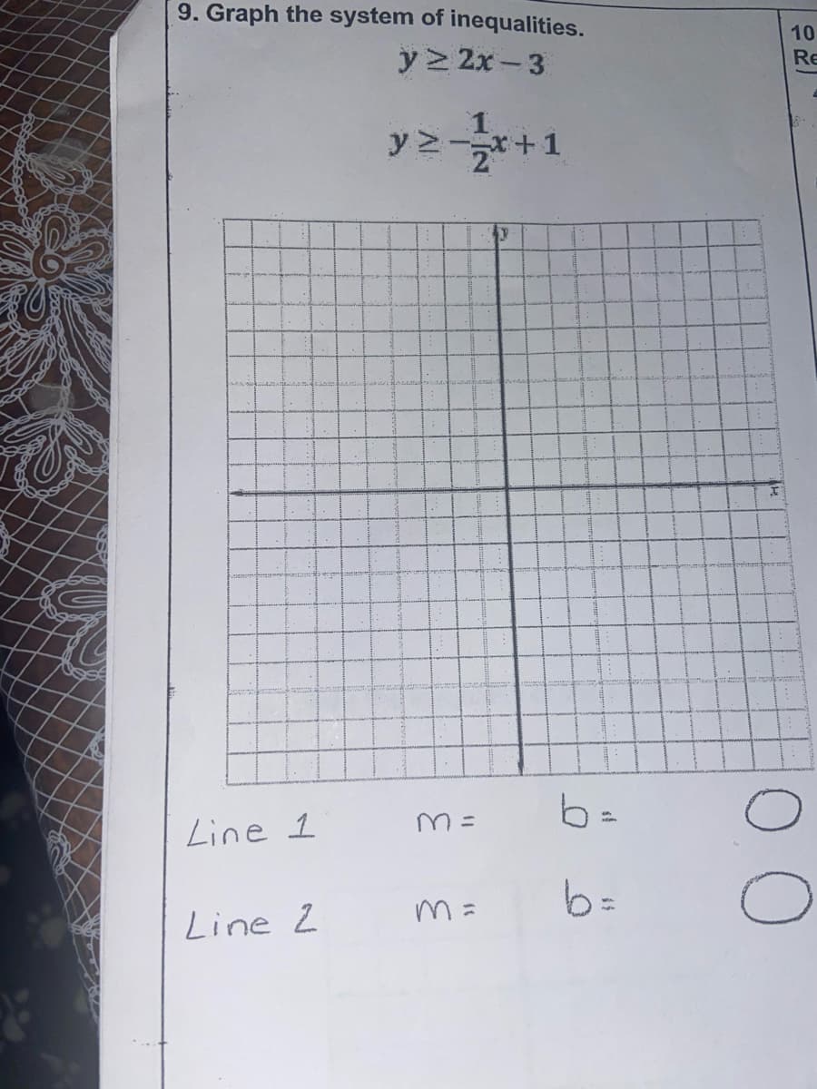 9. Graph the system of inequalities.
y > 2x - 3
10
Re
y 2-x+1
Line 1
6=
Line 2
