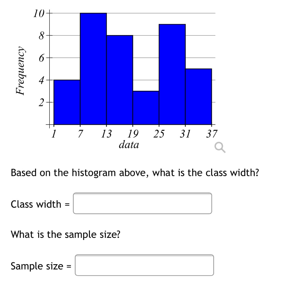 Frequency
10-
8
2-
1
7 13 19 25 31 37
data
Based on the histogram above, what is the class width?
Class width
=
What is the sample size?
Sample size =