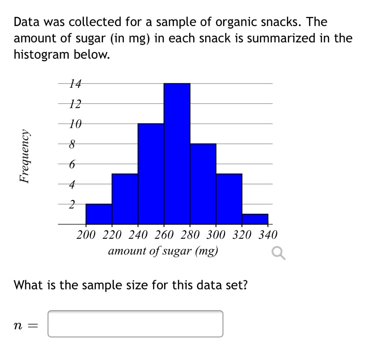 Data was collected for a sample of organic snacks. The
amount of sugar (in mg) in each snack is summarized in the
histogram below.
14
12
10
8
6
4
2
200 220 240 260 280 300 320 340
amount of sugar (mg)
Frequency
What is the sample size for this data set?
n =