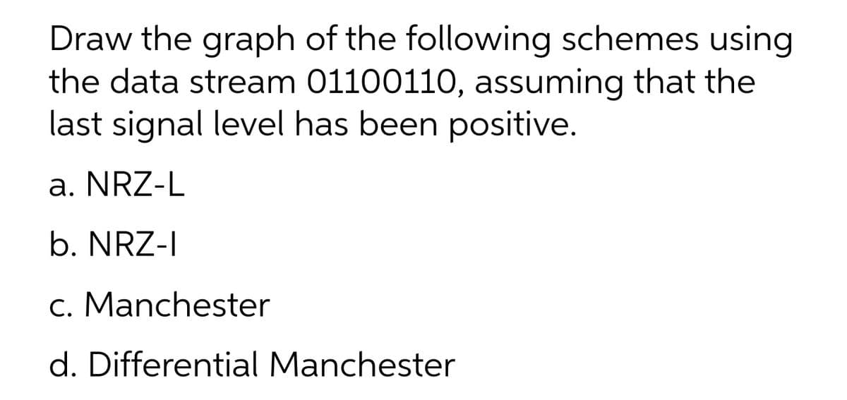 Draw the graph of the following schemes using
the data stream 01100110, assuming that the
last signal level has been positive.
a. NRZ-L
b. NRZ-I
c. Manchester
d. Differential Manchester
