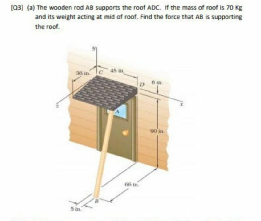 [Q3] (a) The wooden rod AB supports the roof ADC. If the mass of roof is 70 Kg
and its weight acting at mid of roof. Find the force that AB is supporting
the roof.
48 in
36 in.
6 in.
90'in.
66 in.
5 in
