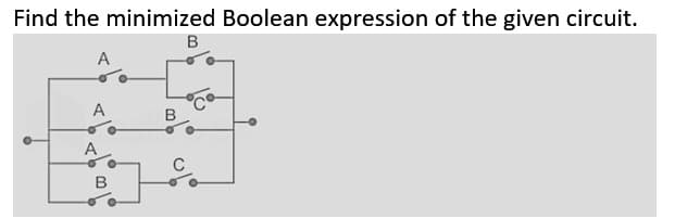 Find the minimized Boolean expression of the given circuit.
A
A
A
B
