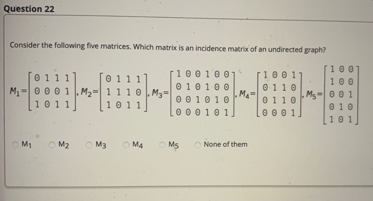 Question 22
Consider the following five matrices. Which matrix is an incidence matrix of an undirected graph?
100
100100
10 0 1
0 1 1 0
0 1 1 1
0 1 1 1
M2 1 1 1 0 , M3=
10 1 1
1 0 0
0 1 0 10O
M1
0 0 0 1
MA=
Ms
0 0 1
%3D
0 0 1 0 1 0
0 0 0 1 0 1
0 1 1 0
1011
0 1 0
0 0 0 1
1
M1
M2
M3
M4
O M5
O None of them
