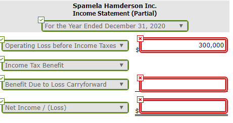 Spamela Hamderson Inc.
Income Statement (Partial)
For the Year Ended December 31, 2020
Operating Loss before Income Taxes ▼
300,000
Income Tax Benefit
Benefit Due to Loss Carryforward
Net Income / (Loss)
%24
