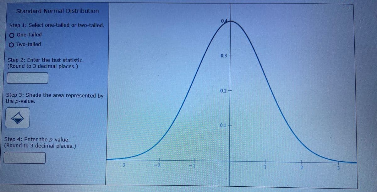 Standard Normal Distribution
04
Step 1: Select one-tailed or two-tailed.
O One-tailed
O Two-tailed
0.3
Step 2: Enter the test statistic.
(Round to 3 decimal places.)
0.2+
Step 3: Shade the area represented by
the p-value.
0.1+
Step 4: Enter the p-value.
(Round to 3 decimal places.)
