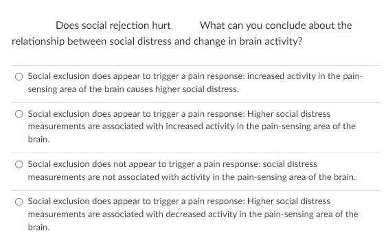 Does social rejection hurt.
relationship between social distress and change in brain activity?
What can you conclude about the
O Social exclusion does appear to trigger a pain response: increased activity in the pain-
sensing area of the brain causes higher social distress.
O Social exclusion does appear to trigger a pain response: Higher social distress
measurements are associated with increased activity in the pain-sensing area of the
brain.
Social exclusion does not appear to trigger a pain response: social distress
measurements are not associated with activity in the pain-sensing area of the brain.
O Social exclusion does appear to trigger a pain response: Higher social distress
measurements are associated with decreased activity in the pain-sensing area of the
brain.
