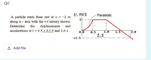 QI/
v, m/s
2-
Parabolic
A particle starts from rest at x = -2 m
along x - axis with the v-t history shown.
Determine the displacements
accelerations at t = 0.5,1.0.1.5 and 2.0 s.
and
0.5
1.0
2.0
t,s
-1.5
1 Add file
