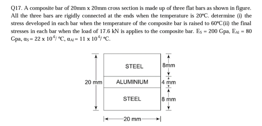Q17. A composite bar of 20mm x 20mm cross section is made up of three flat bars as shown in figure.
All the three bars are rigidly connected at the ends when the temperature is 20°C. determine (i) the
stress developed in each bar when the temperature of the composite bar is raised to 60°C (ii) the final
stresses in each bar when the load of 17.6 kN is applies to the composite bar. Es = 200 Gpa, EA1 = 80
Gpa, as = 22 x 10/ °C, aAi = 11 x 1o*/ °C.
%3D
STEEL
8mm
20 mm
ALUMINIUM
4 mm
STEEL
8 mm
-20 mm-
