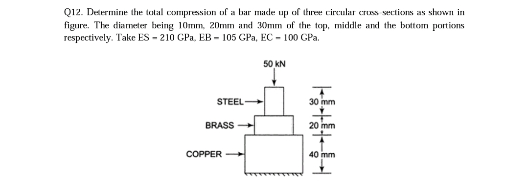 Q12. Determine the total compression of a bar made up of three circular cross-sections as shown in
figure. The diameter being 10mm, 20mm and 30mm of the top, middle and the bottom portions
respectively. Take ES = 210 GPa, EB = 105 GPa, EC = 100 GPa.
50 kN
STEEL
30 mm
BRASS
20 mm
COPPER –
40 mm
