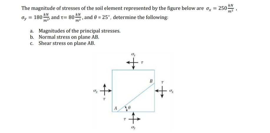 kN
The magnitude of stresses of the soil element represented by the figure below are o, = 250;
m
Oy = 180 , and t= 80,
m2
kN
kN
,and 0 = 25°, determine the following:
a. Magnitudes of the principal stresses.
b. Normal stress on plane AB.
c. Shear stress on plane AB.
B
