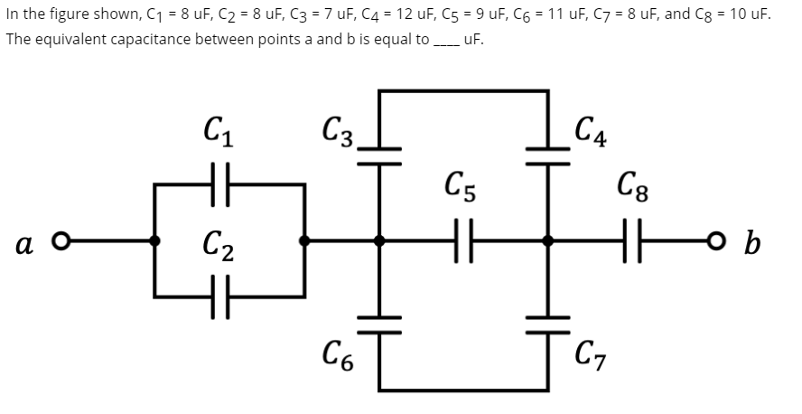 In the figure shown, C1 = 8 uF, C2 = 8 uF, C3 = 7 uF, C4 = 12 uF, C5 = 9 uF, C6 = 11 uF, C7 = 8 uF, and Cg = 10 uF.
The equivalent capacitance between points a and b is equal to - uF.
%3D
