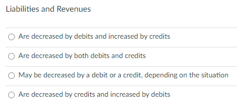 Liabilities and Revenues
O Are decreased by debits and increased by credits
O Are decreased by both debits and credits
O May be decreased by a debit or a credit, depending on the situation
Are decreased by credits and increased by debits
