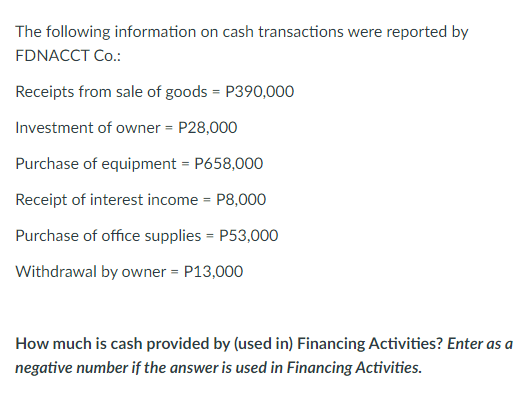 The following information on cash transactions were reported by
FDNACCT Co.:
Receipts from sale of goods = P390,000
Investment of owner = P28,000
Purchase of equipment = P658,000
Receipt of interest income = P8,000
Purchase of office supplies - P53,000
=
Withdrawal by owner = P13,000
How much is cash provided by (used in) Financing Activities? Enter as a
negative number if the answer is used in Financing Activities.