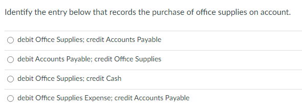 Identify the entry below that records the purchase of office supplies on account.
debit Office Supplies; credit Accounts Payable
debit Accounts Payable; credit Office Supplies
debit Office Supplies; credit Cash
debit Office Supplies Expense; credit Accounts Payable