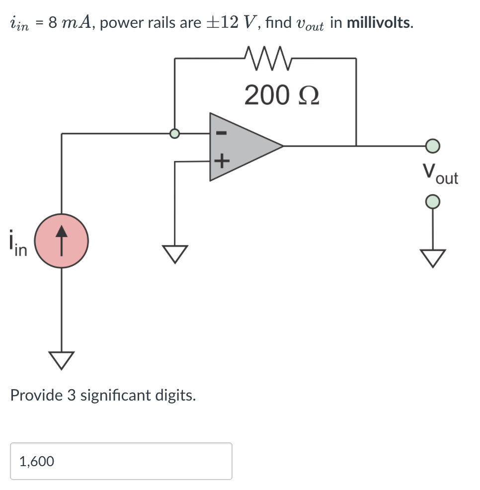 iin = 8 mA, power rails are ±12 V, find vout in millivolts.
200 Q
Vout
İin
Provide 3 significant digits.
1,600
