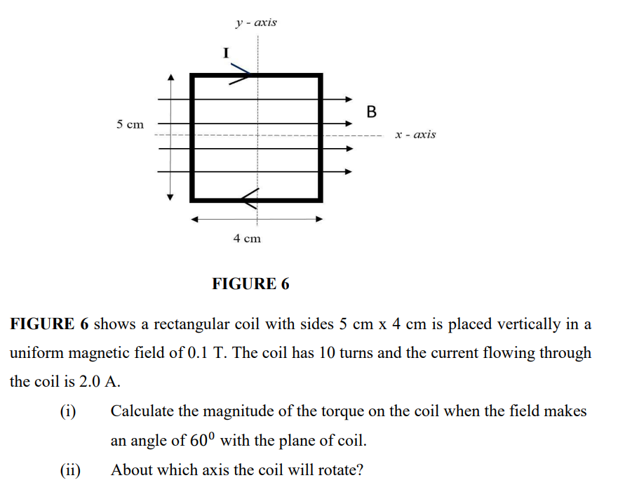 y - axis
B
5 cm
х- ахis
4 cm
FIGURE 6
FIGURE 6 shows a rectangular coil with sides 5 cm x 4 cm is placed vertically in a
uniform magnetic field of 0.1 T. The coil has 10 turns and the current flowing through
the coil is 2.0 A.
(i)
Calculate the magnitude of the torque on the coil when the field makes
an angle of 60° with the plane of coil.
(ii)
About which axis the coil will rotate?
