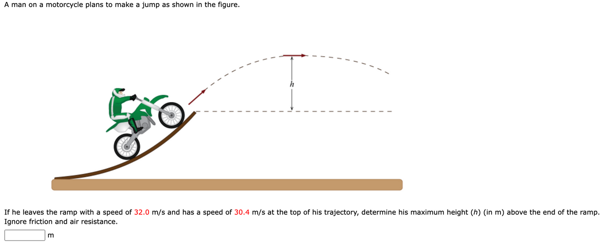 A man on a motorcycle plans to make a jump as shown in the figure.
If he leaves the ramp with a speed of 32.0 m/s and has a speed of 30.4 m/s at the top of his trajectory, determine his maximum height (h) (in m) above the end of the
ramp.
Ignore friction and air resistance.
