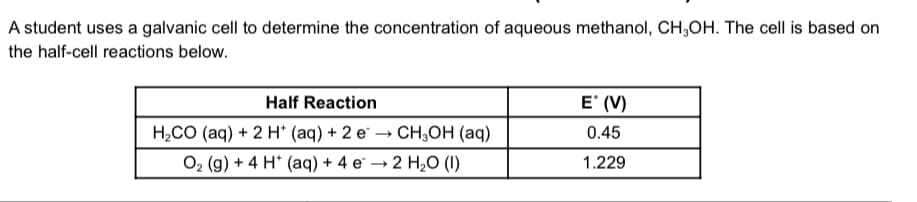 A student uses a galvanic cell to determine the concentration of aqueous methanol, CH,OH. The cell is based on
the half-cell reactions below.
Half Reaction
E' (V)
H2CO (aq) + 2 H* (aq) + 2 e
• CH;OH (aq)
0.45
O2 (g) + 4 H* (aq) + 4 e
2 H20 (1)
1.229
