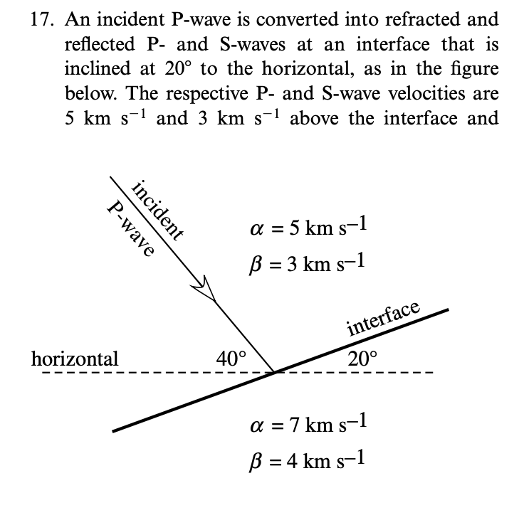 17. An incident P-wave is converted into refracted and
reflected P- and S-waves at an interface that is
inclined at 20° to the horizontal, as in the figure
below. The respective P- and S-wave velocities are
5 km s-1 and 3 km s-1 above the interface and
a = 5 km s-1
B = 3 km s-1
interface
horizontal
40°
20°
= 10
7 km s-1
B = 4 km s-1
incident
P-wave
