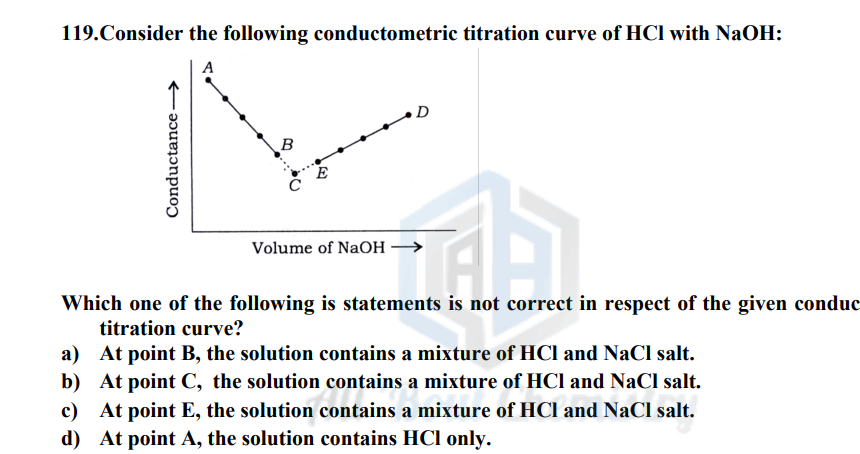 119. Consider the following conductometric titration curve of HCI with NaOH:
A
Conductance-
B
Volume of NaOH
D
1
Which one of the following is statements is not correct in respect of the given conduc
titration curve?
a)
At point B, the solution contains a mixture of HCI and NaCl salt.
b) At point C, the solution contains a mixture of HCI and NaCl salt.
c) At point E, the solution contains a mixture of HCI and NaCl salt.
d) At point A, the solution contains HCI only.