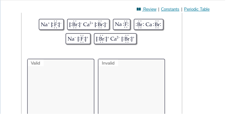 Valid
Review | Constants | Periodic Table
Nat [F] [Br] Ca²+ [Br] Na :F: :Br: Ca:Br:
Na [F] [Br] Ca²+ [:Br:]+
Invalid