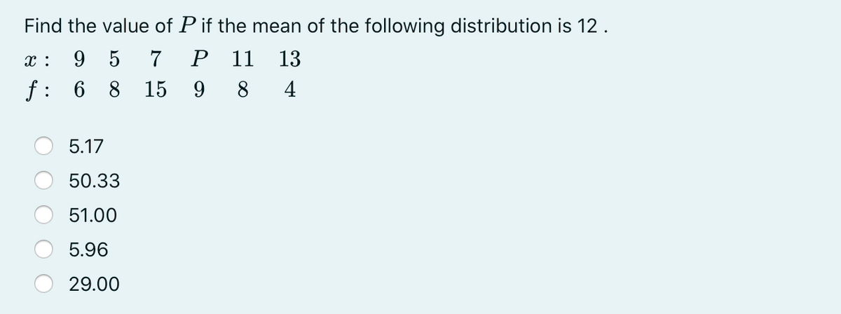 Find the value of P if the mean of the following distribution is 12 .
x :
9.
5
7
Р 1
13
f: 6 8 15
9
8
4
5.17
50.33
51.00
5.96
29.00
