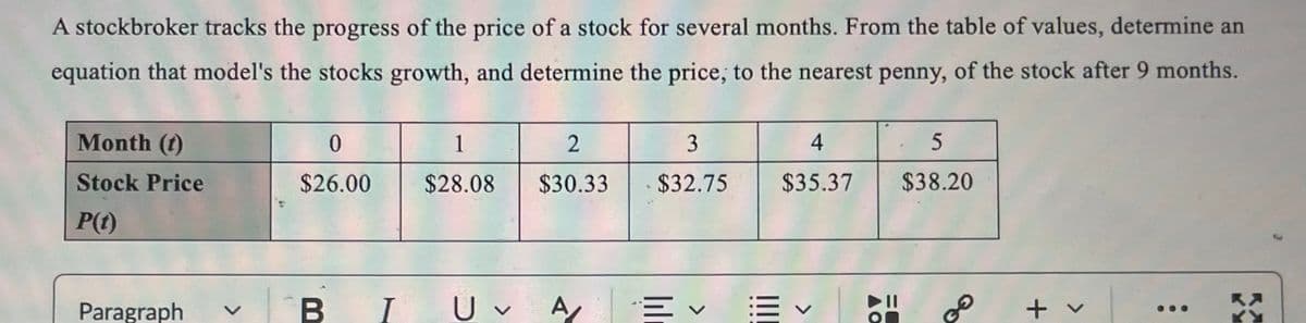 A stockbroker tracks the progress of the price of a stock for several months. From the table of values, determine an
equation that model's the stocks growth, and determine the price, to the nearest penny, of the stock after 9 months.
Month (t)
Stock Price
P(t)
Paragraph
0
$26.00
BI
1
$28.08
U v
2
$30.33
A/
3
4
- $32.75 $35.37
Ev
≡≡く
AO
=C
5
$38.20
30
+ v
