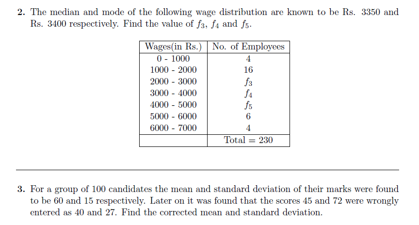 2. The median and mode of the following wage distribution are known to be Rs. 3350 and
Rs. 3400 respectively. Find the value of f3, f4 and fs.
Wages(in Rs.) No. of Employees
0 - 1000
1000 - 2000
4
16
f3
f4
fs
2000 - 3000
3000 - 4000
4000 - 5000
5000 - 6000
6.
6000 - 7000
4
Total = 230
3. For a group of 100 candidates the mean and standard deviation of their marks were found
to be 60 and 15 respectively. Later on it was found that the scores 45 and 72 were wrongly
ent
ed as 40 and 27. Find the correcte
mean
stan
ard deviation.
