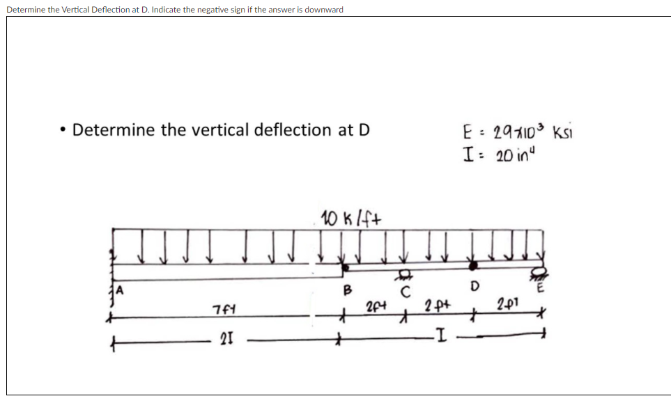 Determine the Vertical Deflection at D. Indicate the negative sign if the answer is downward
• Determine the vertical deflection at D
E : 29110 Ksi
I: 20 in"
10 k lft
B
C
2 ft
201
21
