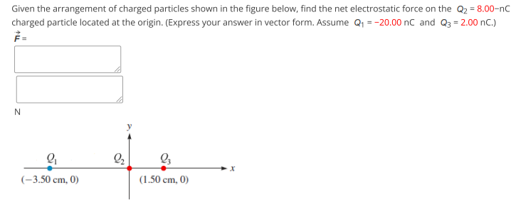 Given the arrangement of charged particles shown in the figure below, find the net electrostatic force on the Q2 = 8.00-nC
charged particle located at the origin. (Express your answer in vector form. Assume Q1 = -20.00 nC and Q3 = 2.00 nC.)
%3D
(-3,50 cm, 0)
(1.50 cm, 0)
