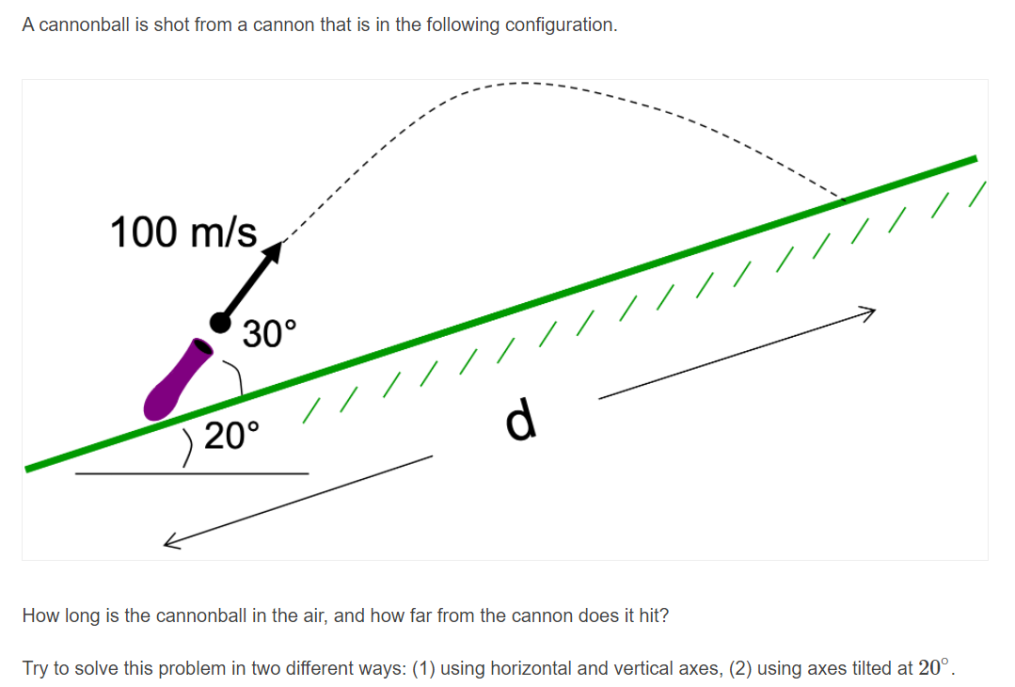 A cannonball is shot from a cannon that is in the following configuration.
100 m/s
//////
30°
20°
d
How long is the cannonball in the air, and how far from the cannon does it hit?
Try to solve this problem in two different ways: (1) using horizontal and vertical axes, (2) using axes tilted at 20°.
