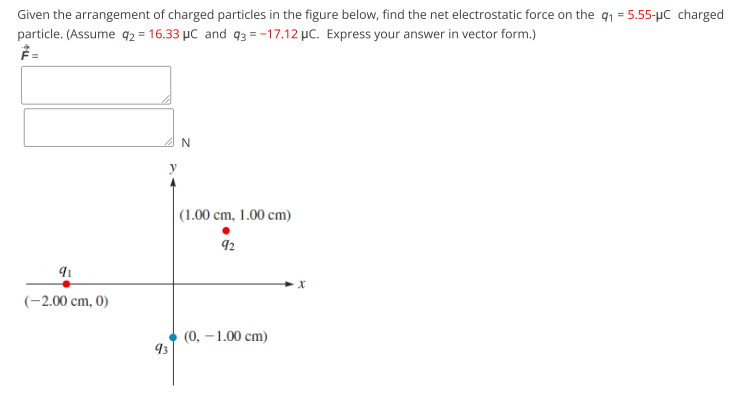 Given the arrangement of charged particles in the figure below, find the net electrostatic force on the q1 = 5.55-µc charged
particle. (Assume q2 = 16.33 µC and q3 = -17.12 µC. Express your answer in vector form.)
y
|(1.00 cm, 1.00 cm)
92
(-2,00 cm, 0)
(0, — 1.00 сm)
93
