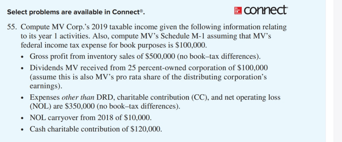 Select problems are available in Connect®.
a connect
55. Compute MV Corp.'s 2019 taxable income given the following information relating
to its year 1 activities. Also, compute MV's Schedule M-1 assuming that MV's
federal income tax expense for book purposes is $100,000.
• Gross profit from inventory sales of $500,000 (no book-tax differences).
• Dividends MV received from 25 percent-owned corporation of $100,000
(assume this is also MV's pro rata share of the distributing corporation's
earnings).
Expenses other than DRD, charitable contribution (CC), and net operating loss
(NOL) are $350,000 (no book-tax differences).
• NOL carryover from 2018 of $10,000.
• Cash charitable contribution of $120,000.
