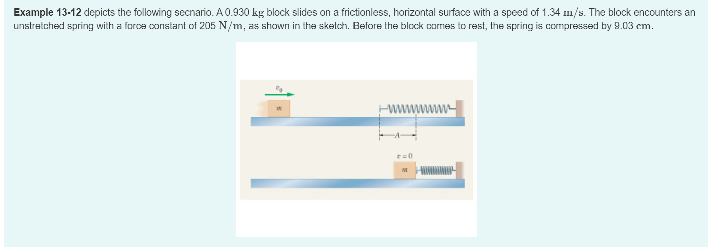 Example 13-12 depicts the following secnario. A 0.930 kg block slides on a frictionless, horizontal surface with a speed of 1.34 m/s. The block encounters an
unstretched spring with a force constant of 205 N/m, as shown in the sketch. Before the block comes to rest,, the spring is compressed by 9.03 cm.
wwwwmwww
71
0
