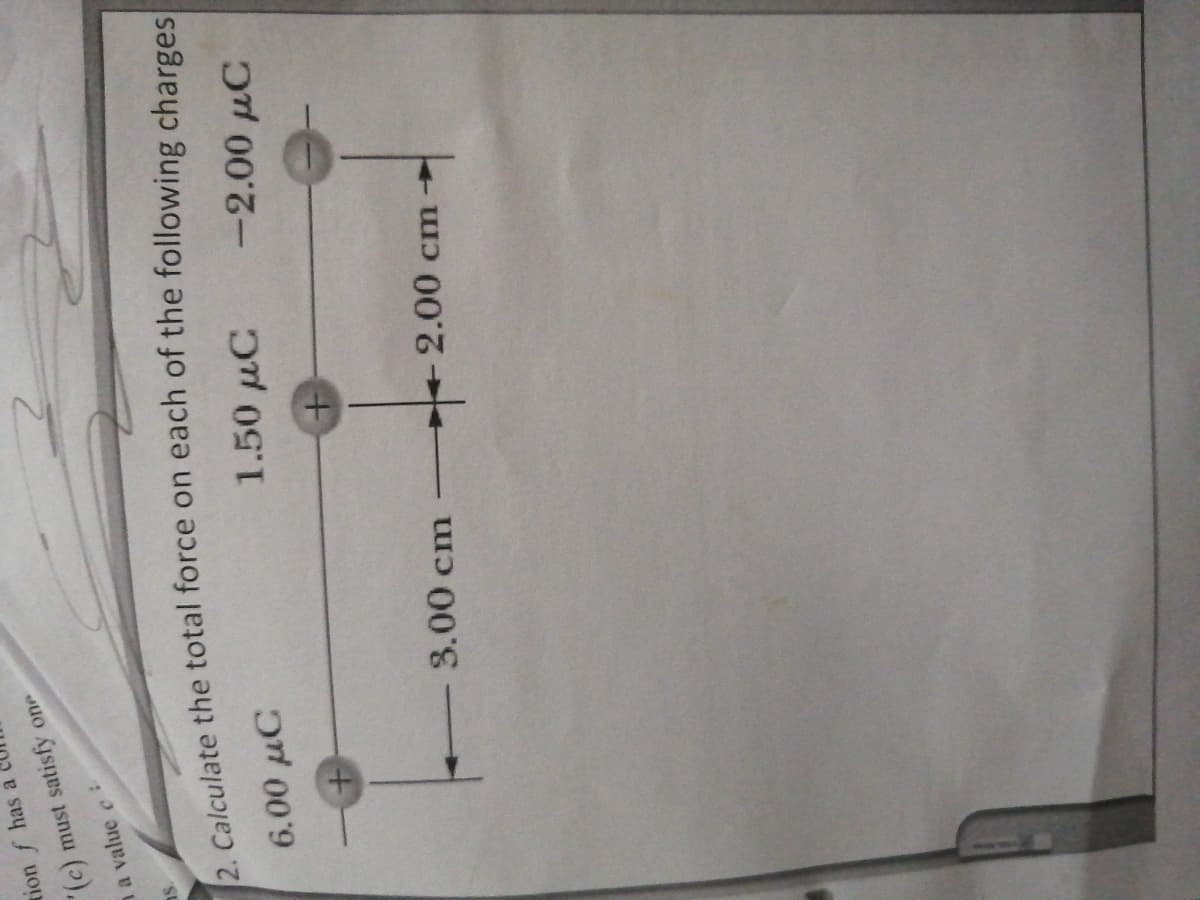 tion f has a
(c) must satisfy one
a a value c
2. the total force on of the charges
St
6.00 дС
1.50 дС
-2.00 µC
-3.00 cm
2.00 cm
