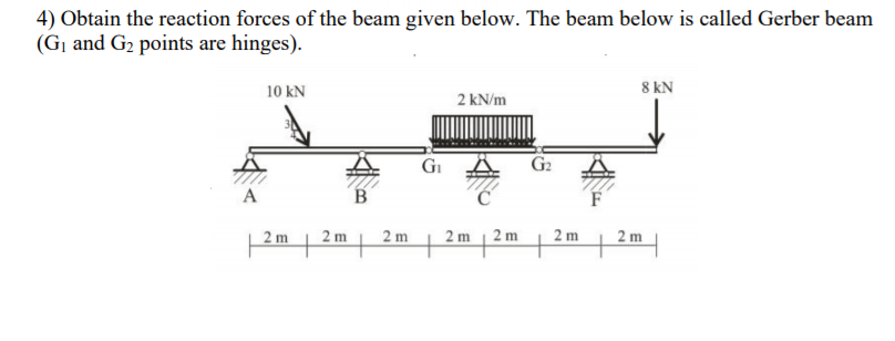 4) Obtain the reaction forces of the beam given below. The beam below is called Gerber beam
(G¡ and G2 points are hinges).
10 kN
8 kN
2 kN/m
GI
G2
A
B.
2 m
2 m
2 m
2 m 2 m
2 m
2.
