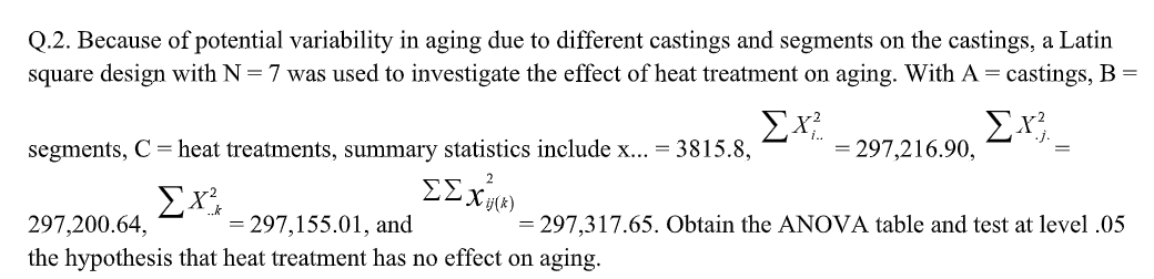 Q.2. Because of potential variability in aging due to different castings and segments on the castings, a Latin
square design with N=7 was used to investigate the effect of heat treatment on aging. With A= castings, B =
Σχ
= 297,216.90,
segments, C = heat treatments, summary statistics include x... = 3815.8,
Σχ
= 297,155.01, and
297,200.64,
= 297,317.65. Obtain the ANOVA table and test at level .05
the hypothesis that heat treatment has no effect on aging.
