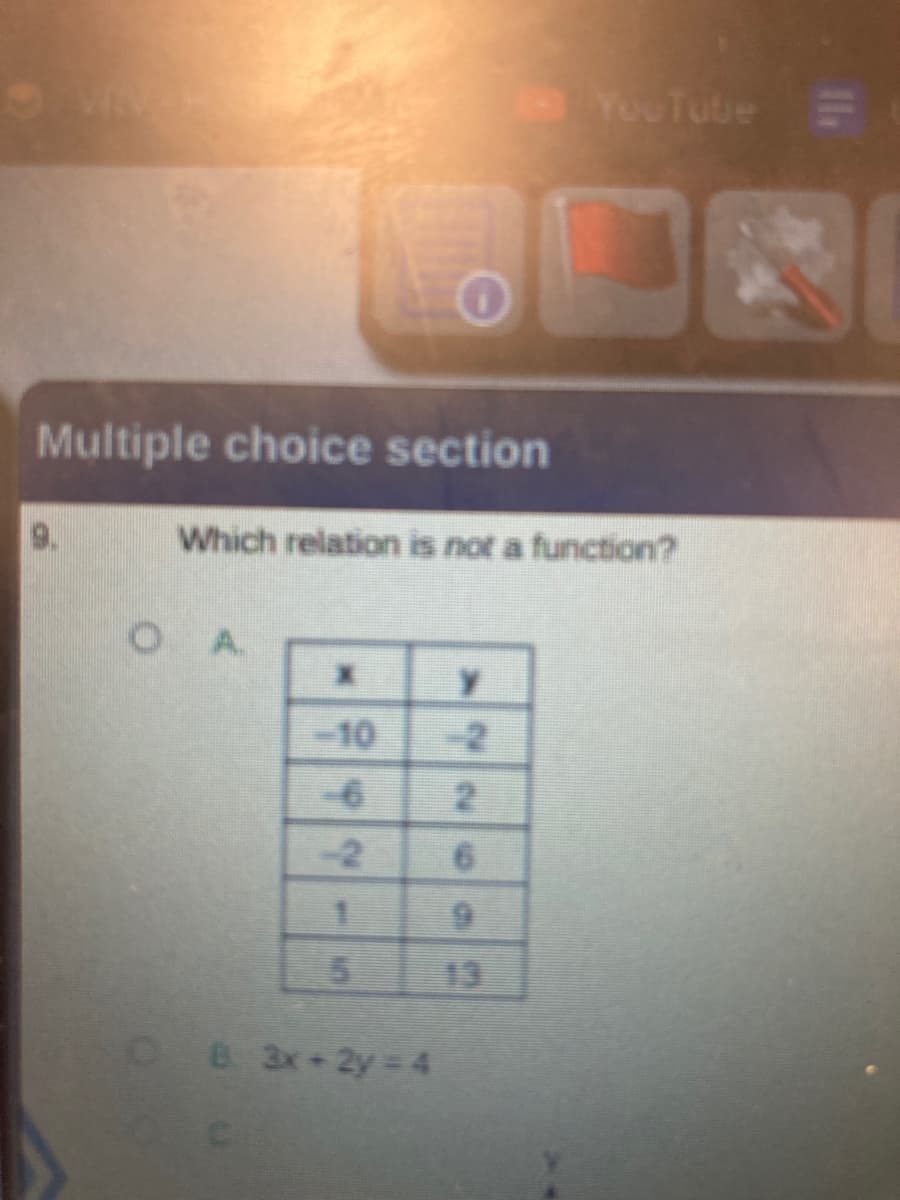 YouTube =
Multiple choice section
Which relation is not a function?
O A
-10
-2
-6
-2
13
B3x 2y 4
26
